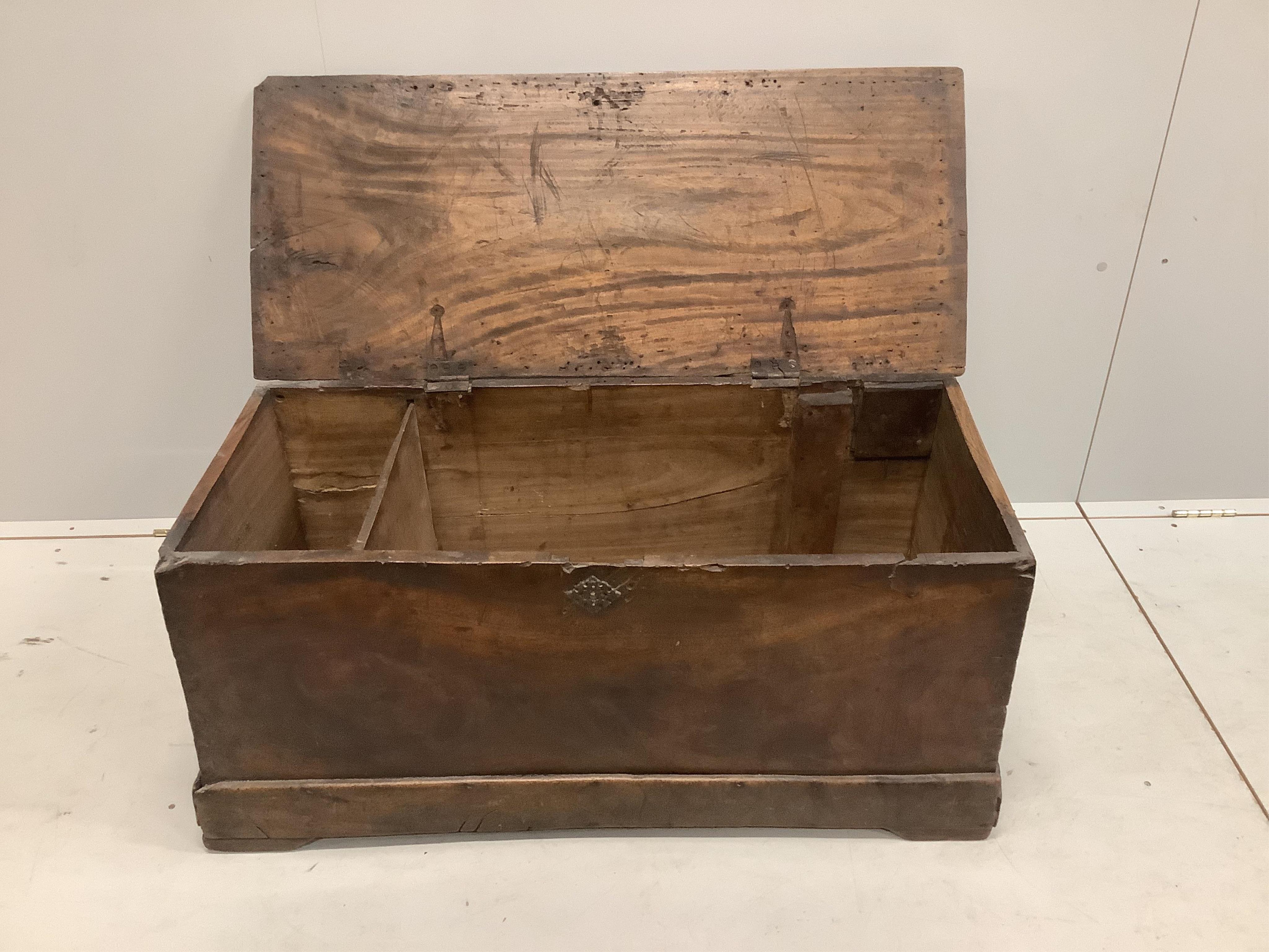 An early 19th century Cuban mahogany trunk, width 100cm, depth 42cm, height 44cm. Condition - fair